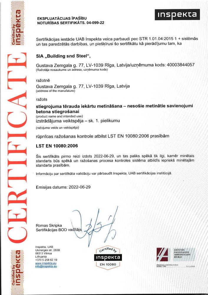 Inspekta certificate EN 10080