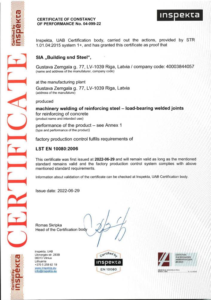 Inspekta certificate EN 10080